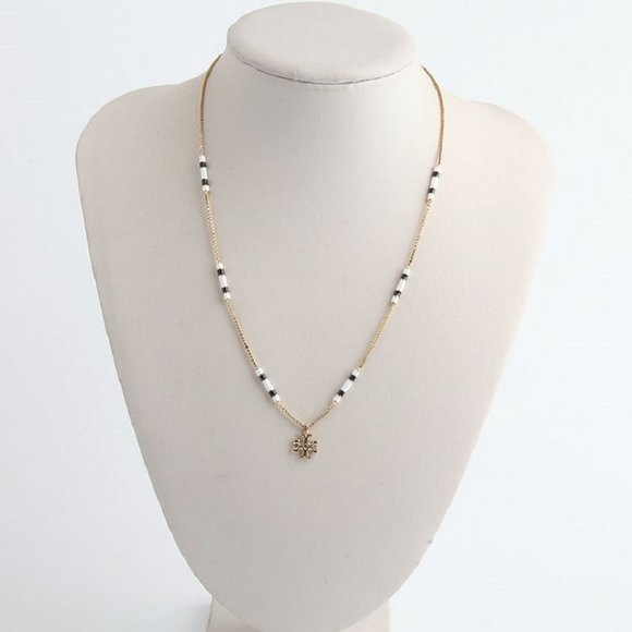 Tory Burch Kira Enamel Bar Pendant Gold / Black / New Ivory Necklace - Picture 1 of 10